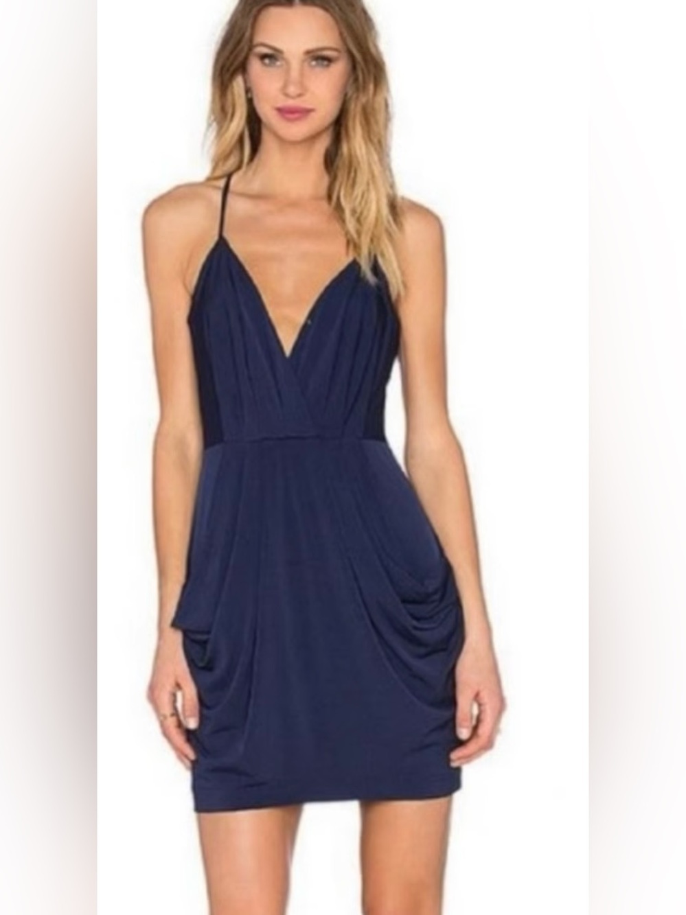 BCBG-Generation V-Neck Wrap Draped Pocket Midi Dress Sleeveless Stretch Medium